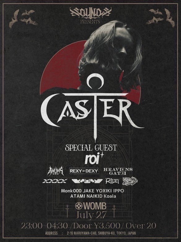 THIS SUNDAY
BASS

Polish producer CASTER, known for his dark, theatrical sound and unique, magic-themed worldbuilding, and rising French producer/DJ roi*—currently gaining attention with support from Skrillex—are making their long-awaited Japan debut.
🎟️womb.co.jp/event/2025/07/…