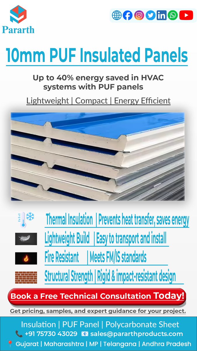 🚀 New Launch: 10mm PUF Panels!
✅ Save up to 40% energy
🔥 Fire resistant (FM/IS std)
🪶 Lightweight &amp; easy to install
💪 Strong &amp; impact-resistant
📞 Free Tech Consultation: +91 75730 43029
📧 sales@pararthproducts.com
#PUFPanel #Insulation #HVAC #pararthproducts