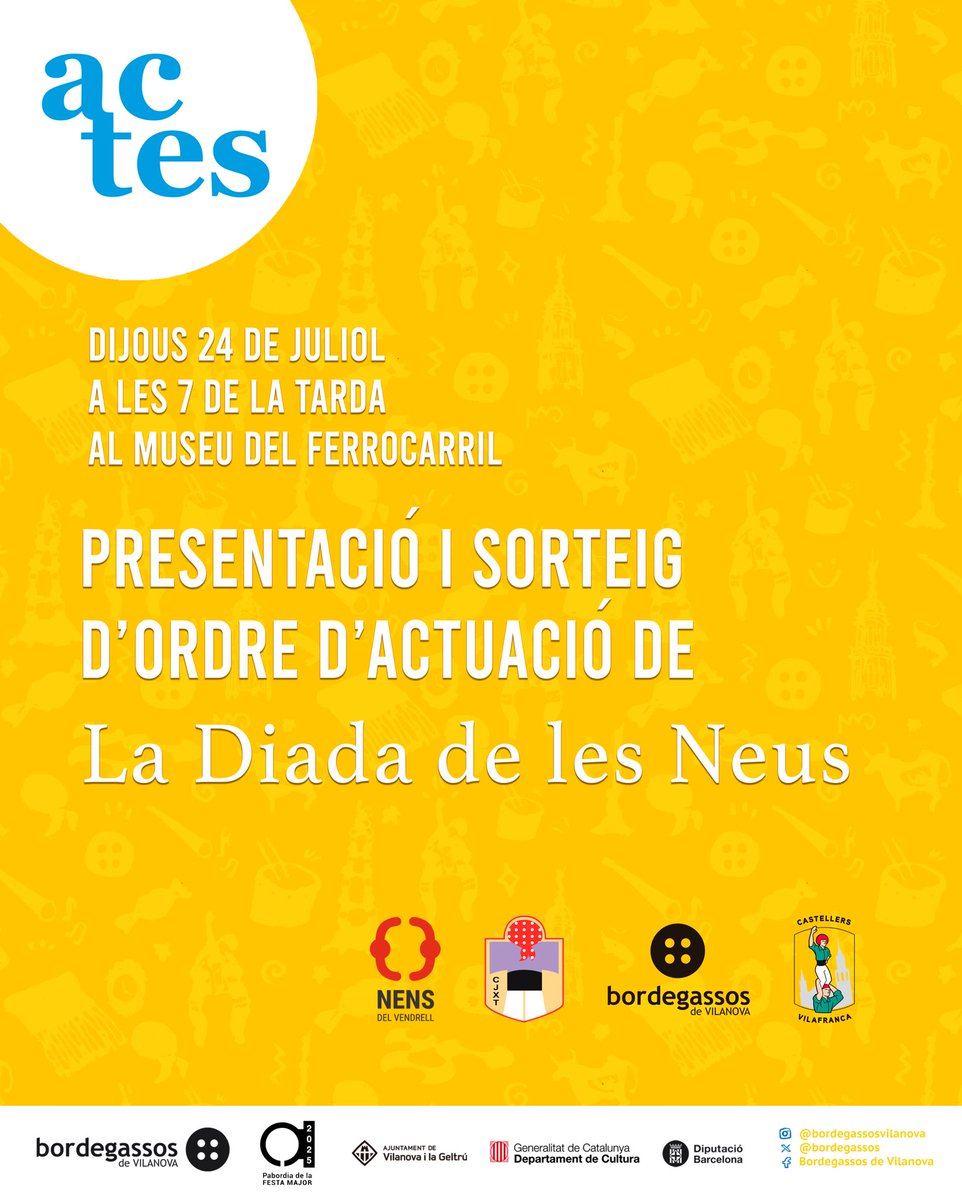 bordegassos's tweet image. 📣 Acte de presentació i sorteig de l’ordre d’actuació de la Diada de les Neus 2025!
📅 Dijous 24 de juliol
🕖 A les 19:00 h
📍 Museu del Ferrocarril de Vilanova i la Geltrú
🎟️ Acte obert al públic i als mitjans.
#sombordegassos #devilanova #castells