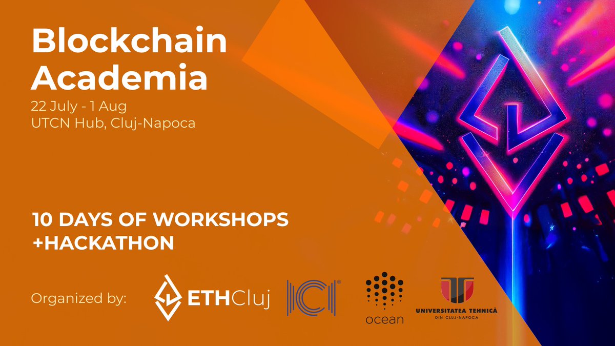 ETHCluj's tweet image. Blockchain Academia summer edition starts today 🎓
We're excited to see what the next 10 days of workshops & hackathon will bring to the local ecosystem.
Special thanks to our partners and supporters for joining us on this initiative @utcluj @oceanprotocol @ICIBucharest