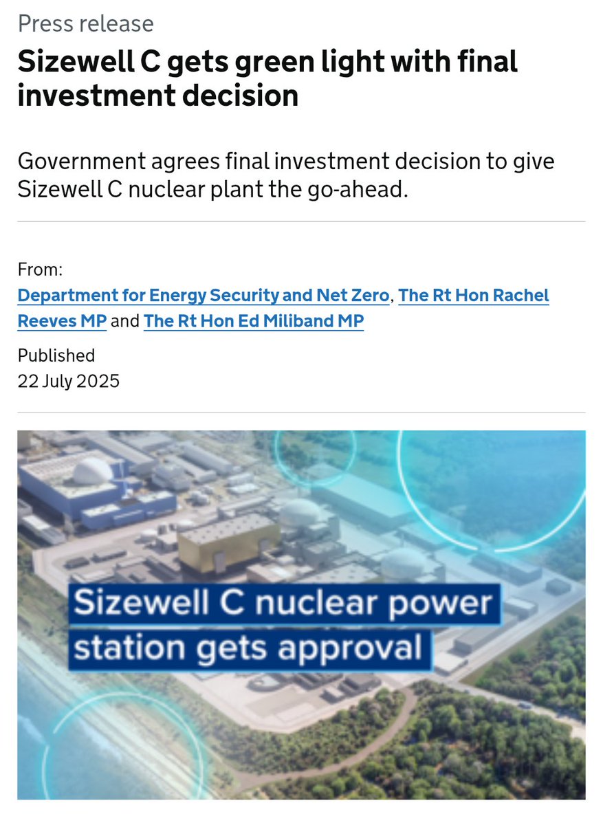 Breaking in the UK: Sizewell C nuclear plant gets final investment decision.

£38b project to move ahead.