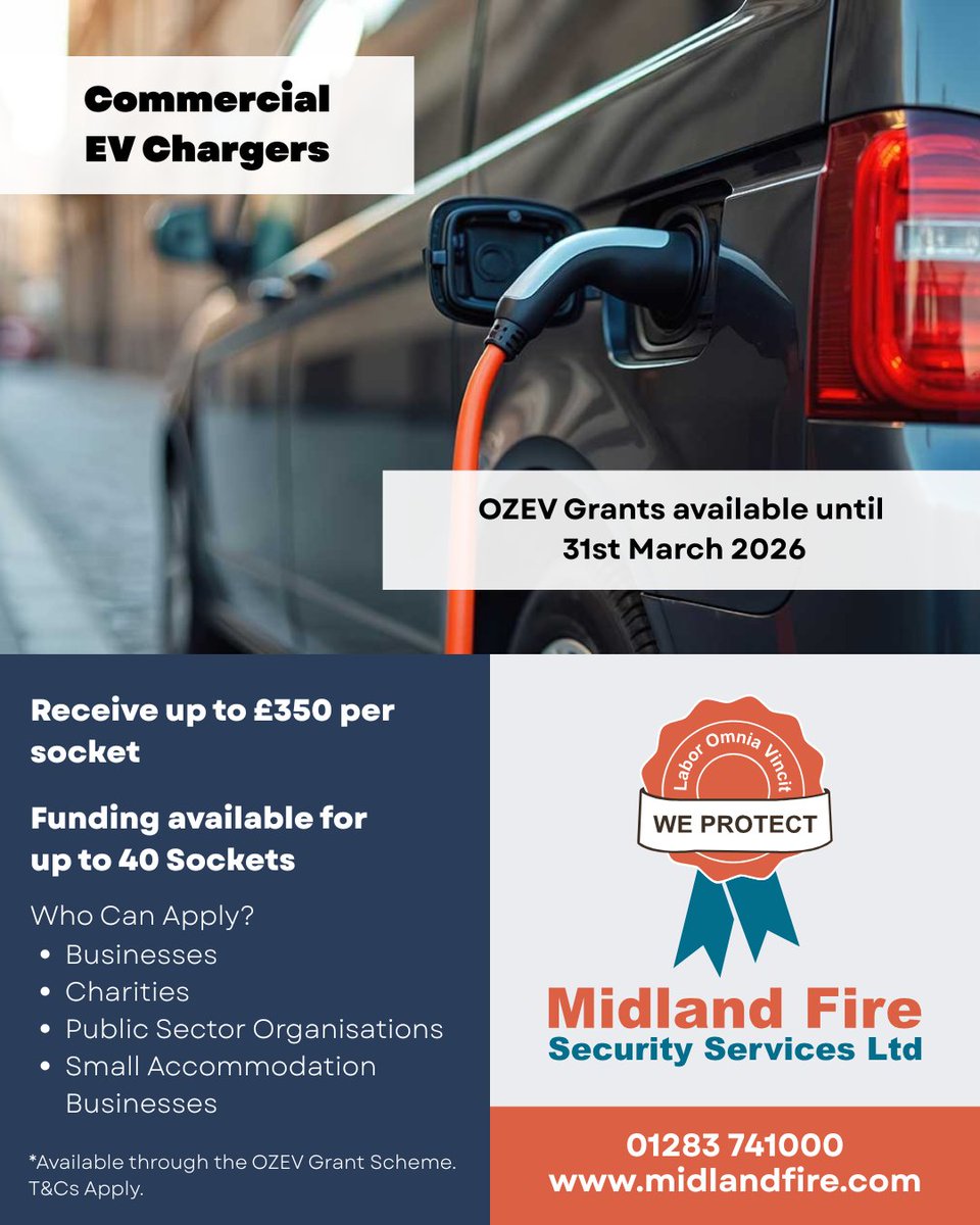 firedetection's tweet image. GRANTS AVAILABLE UNTIL 31ST MARCH 2026
Call us for a your free consultation.
midlandfiresecurity.co.uk/electrical-con…
#evchargers #ozev #ozevgrant #greenenergy #electriciansburton #evchargersburton #commercialevs #carchargers #fleetchargers