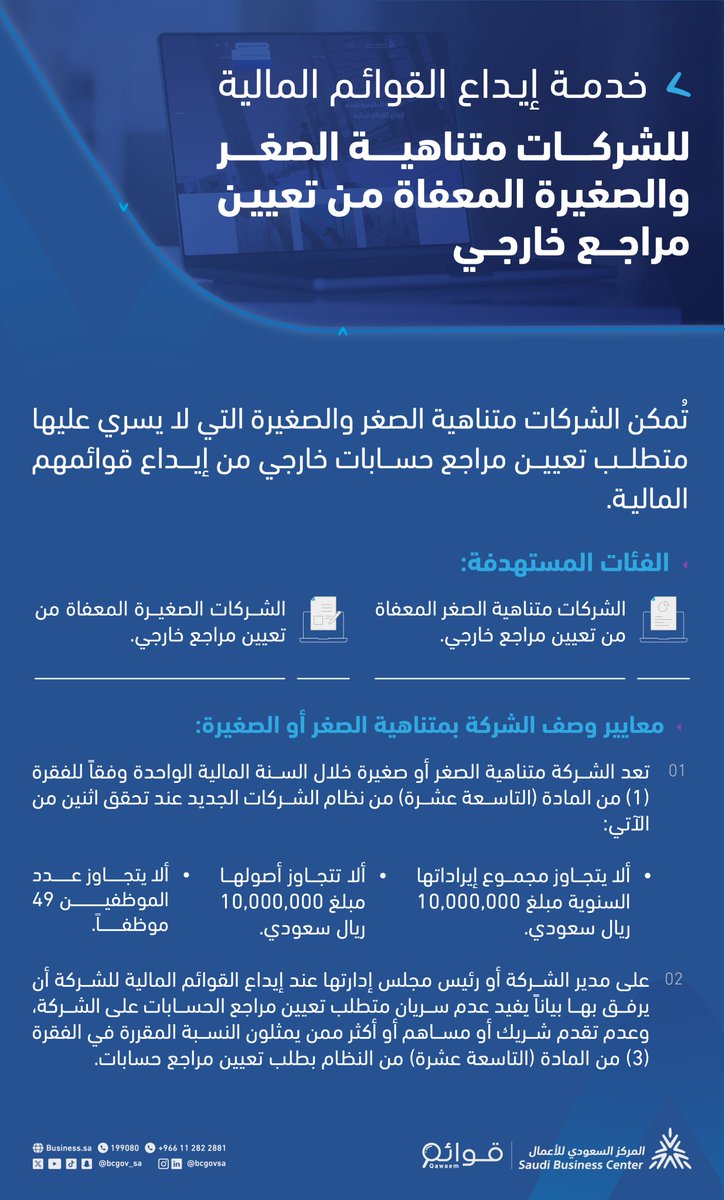 إنفوجرافيك 💡| تعرف على خدمة إيداع قوائم الشركات متناهية الصغر والصغيرة المعفاة من تعيين مراجع خارجي.
#المركز_السعودي_للاعمال
#برنامج_قوائم
