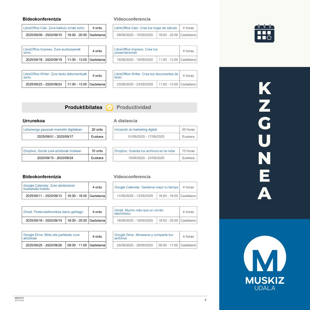 📌 KZgunea - Septiembre

👉🏻 KZgunea ofrece una amplia selección de cursos

📍 Información: 
⏩ 944033394
⏩ kzgunea.eus

    ➖➖➖➖

📌 KZgunea - Iraila

👉🏻 KZguneak hainbat ikastaro eskaintzen ditu

📍 Informazioa:
⏩ 944033394
⏩ kzgunea.eus

#Muskiz