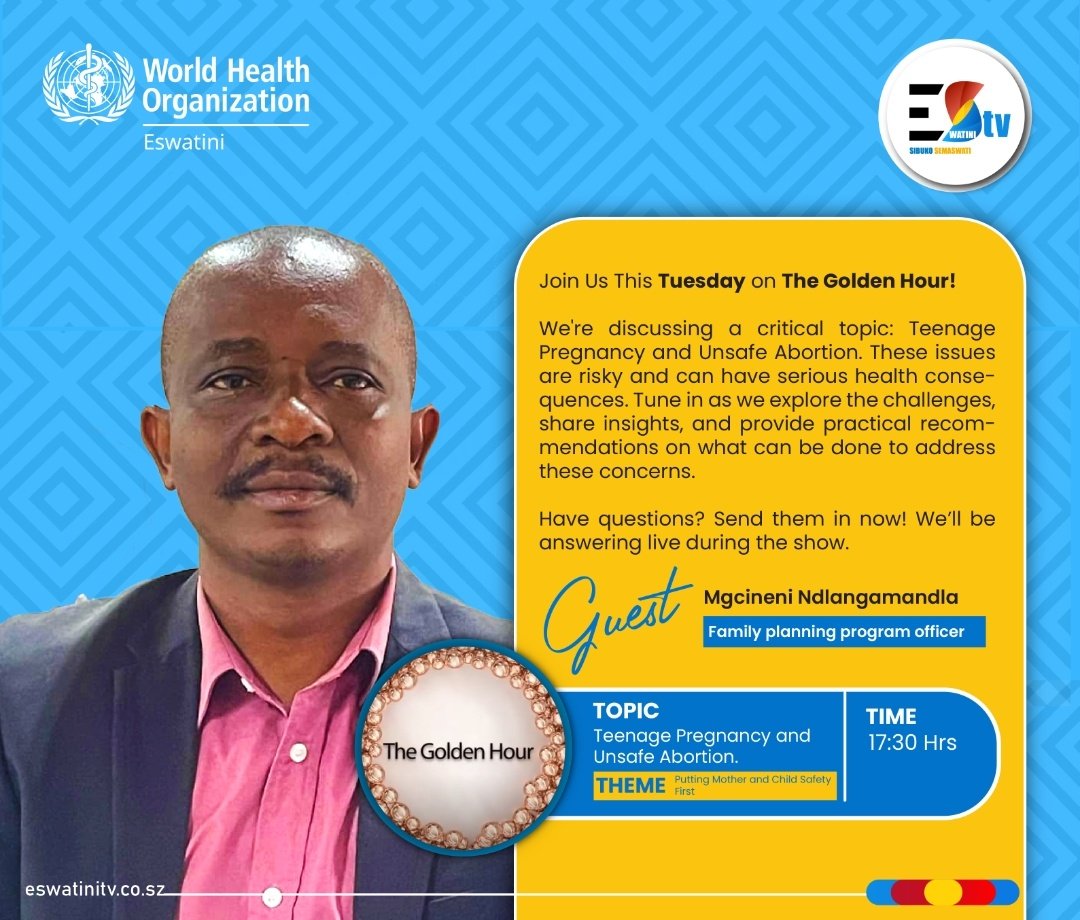 WEswatini's tweet image. 🚨 It's Health Tuesday! 🚨
Join Mr. Mgcineni from the Ministry of Health as he discusses teenage pregnancy—a topic that affects many lives. Let’s spread awareness, learn the facts, and support our youth. 💙✨
#HealthTuesday #TeenPregnancy #Awareness #YouthHealth