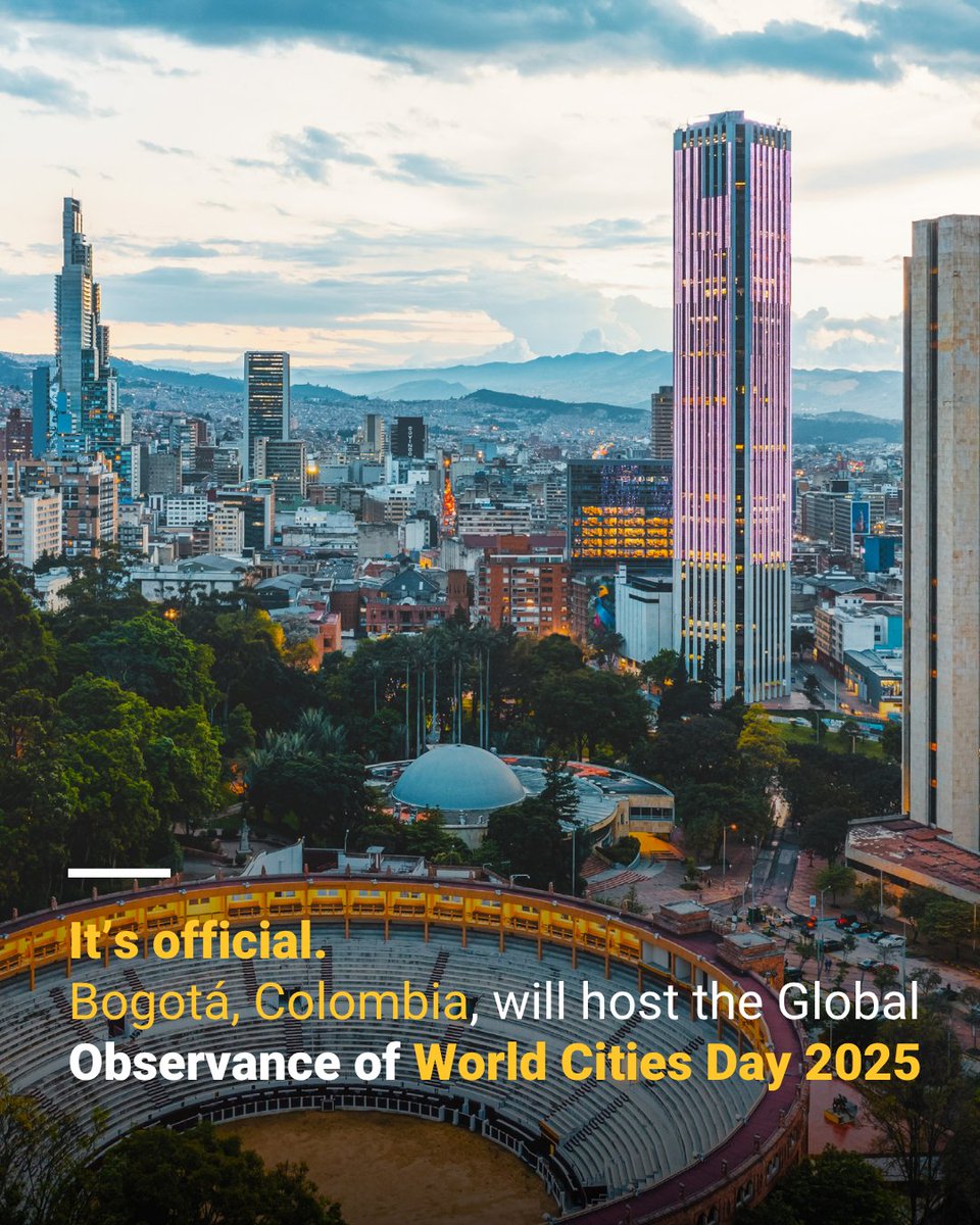 UNHABITAT's tweet image. It’s official: Bogotá, Colombia will host the Global Observance of #WorldCitiesDay 2025!
This year’s theme "people-centred smart cities" spotlights how tech, data, and AI can improve urban life, enhance participation, and build resilience.
Learn more: loom.ly/n6ZARY4