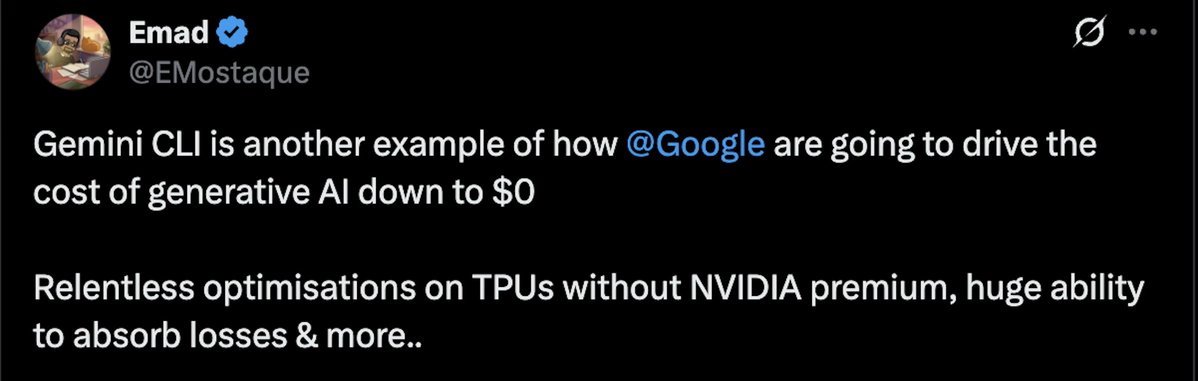 ainativedev's tweet image. Google just made AI coding assistants free.
Yes, actually free, in your terminal, with no usage-based billing (for now).

With hashtag #Gemini CLI, @Google is giving devs:
✨ Open source access under Apache 2.0
✨ A massive 1M-token context window
✨ 1,000 requests/day,…