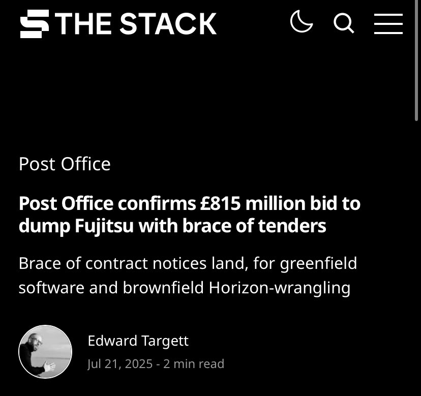 chrish9070's tweet image. #PostOfficeScandal Post Office confirms £815 million bid to dump Fujitsu with brace of tenders
The Post Office has gone to market for software and infrastructure to replace the infamous Fujitsu Horizon suite in over 11,500 post offices.
After years of contract extensions with…