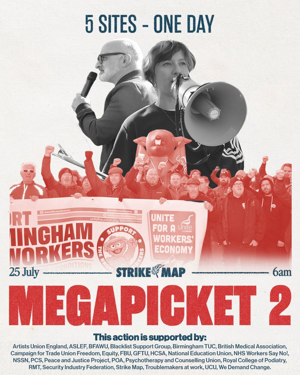 ASLEFunion's tweet image. Aslef is proud to stand with the #BrumBinStrike.
Support the Birmingham bin strikers. Join the historic #Megapicket.
📆 Friday 25th July
📍 5 sites
Join the picket: bit.ly/RSVPMegapicket…