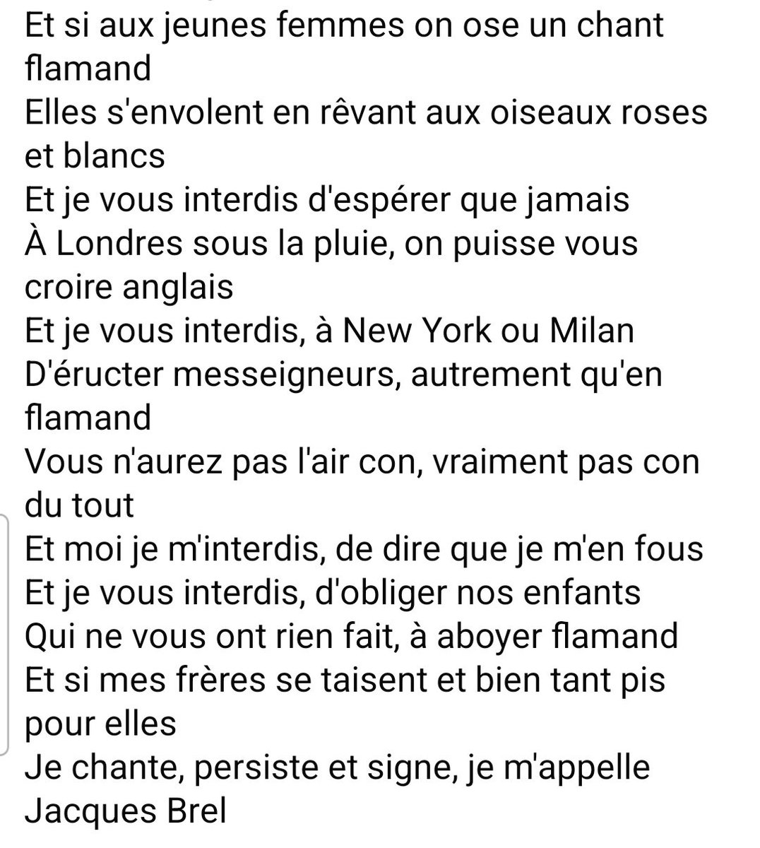 TaQuIn_MaUvE's tweet image. Brel était un Maître visionnaire.
Quel texte 🥰
Toute ressemblance avec des faits actuels n’est pas fortuite.
Je ne décolère toujours pas 😡
#Belgium
#FeteNationalebelge