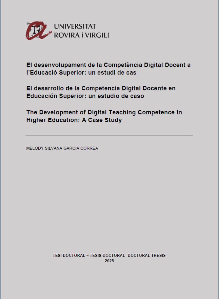 ARGET (@argeturv) on Twitter photo 📚Avui la Melody Garcia defensa la seva Tesi Doctoral: ''El desarrollo de la Competencia Digital Docente en Educación Superior: un estudio de caso'', dirigida per la <a href="/Merce_G/">Mercè Gisbert</a> i la Mª Julia Morales.
🗓️ 22/7/2025
🕙 16:00
📍Aula 100 de la Facultat de Química i Enologia. 📚Avui la Melody Garcia defensa la seva Tesi Doctoral: ''El desarrollo de la Competencia Digital Docente en Educación Superior: un estudio de caso'', dirigida per la <a href="/Merce_G/">Mercè Gisbert</a> i la Mª Julia Morales.
🗓️ 22/7/2025
🕙 16:00
📍Aula 100 de la Facultat de Química i Enologia.