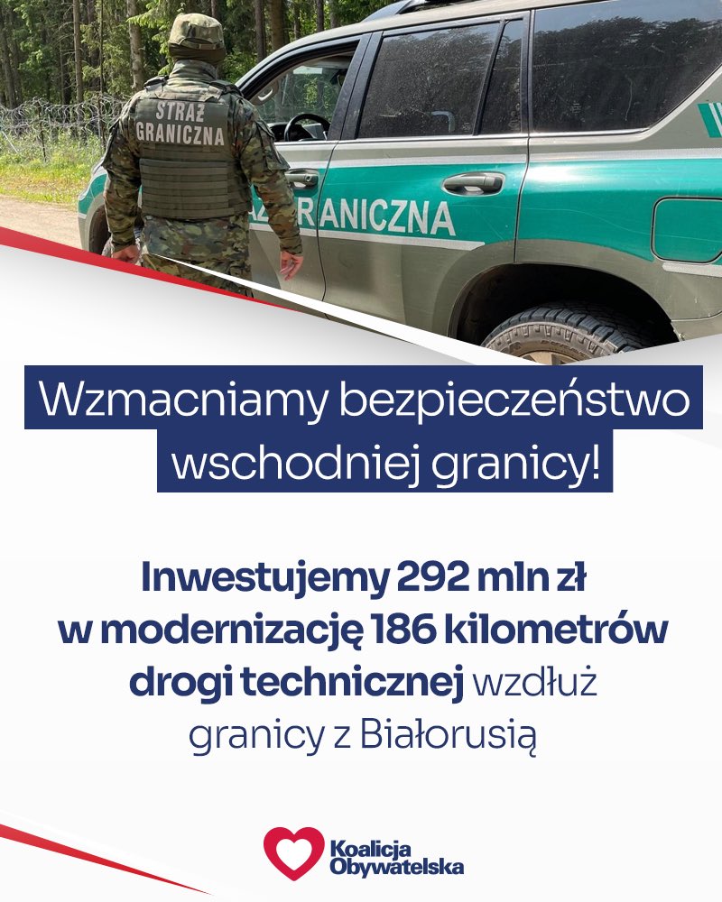 Platforma_org's tweet image. Inwestujemy w bezpieczeństwo polskich granic❗️
Modernizacja drogi technicznej wzdłuż granicy to inwestycja w lepszą mobilność służb i skuteczniejsze reagowanie na zagrożenia na granicy.