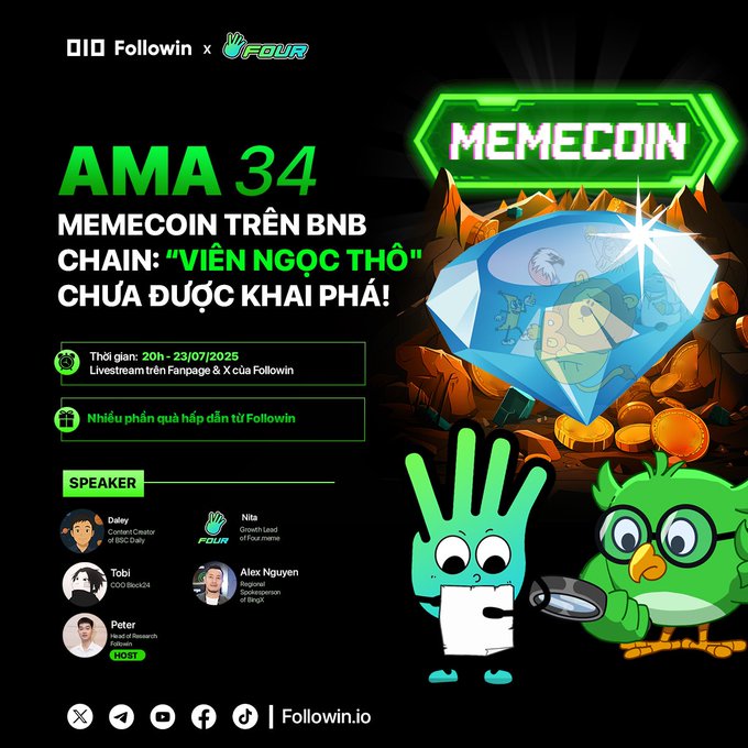 AMA 34 Memecoin on BNB Chain promotional image featuring a diamond and cartoon characters