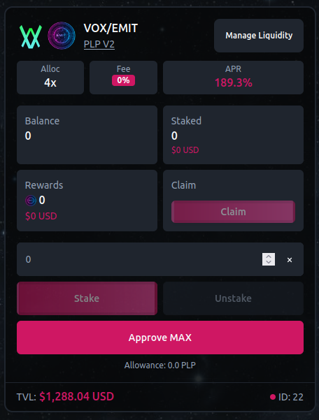 📡 EMISSION ADJUSTMENT ⬆️

🧑‍🌾Farm ➡️ VOX/EMIT LP
➕Allocation Points ➡️ 4x

🛰️ APR ➡️ 189%

🔗 Farm ➡️ emit.farm/farms 📶
🔗 Headquarters ➡️ t.me/emitfarm 🏦

🔛 #PULSECHAIN $VOX $EMIT <a href="/VOX_DeFi/">VOX</a>