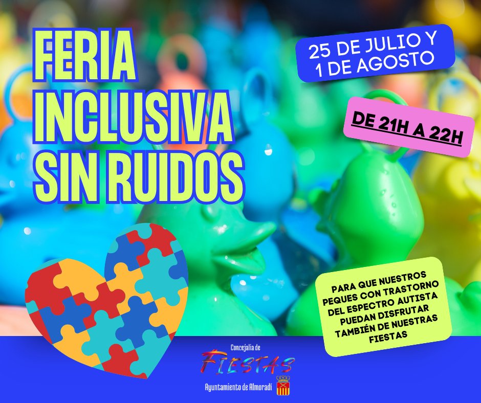 Por primera vez, los días 25 de julio y 1 de agosto, tendremos LA HORA SIN RUIDOS en las atracciones de la feria, intentando favorecer la asistencia de niñ<a href="/s/">『S』</a> con algún tipo de trastorno del espectro autista
#Fiestas2025Almoradí
#feriasinruidos
