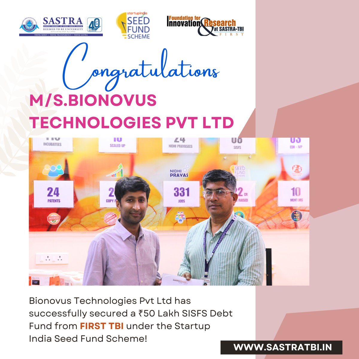 Empowering Growth through SISFS 💡

Bionovus Technologies Pvt Ltd secures ₹50 lakhs debt fund under the SISFS scheme via FIRST TBI.

#SISFS #FIRSTTBI #StartupIndia #BionovusTechnologies