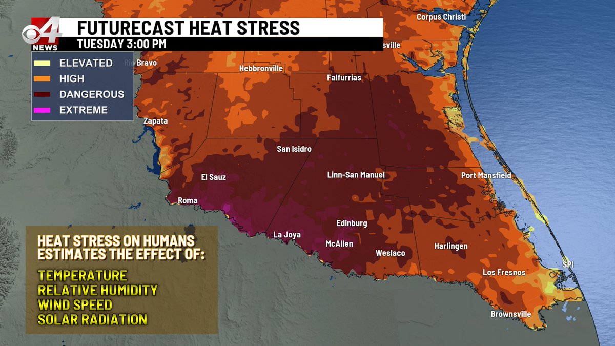 cbs4rgv's tweet image. Another hot day for the Valley today w/ plenty of sun. Highs reaching the triple digits from McAllen, westward. Mid to upper 90's east of McAllen. SPI should reach 88. Heat indexes will be rough this afternoon, so please be careful during outdoor activities.
#rgv #rgvwx #txwx