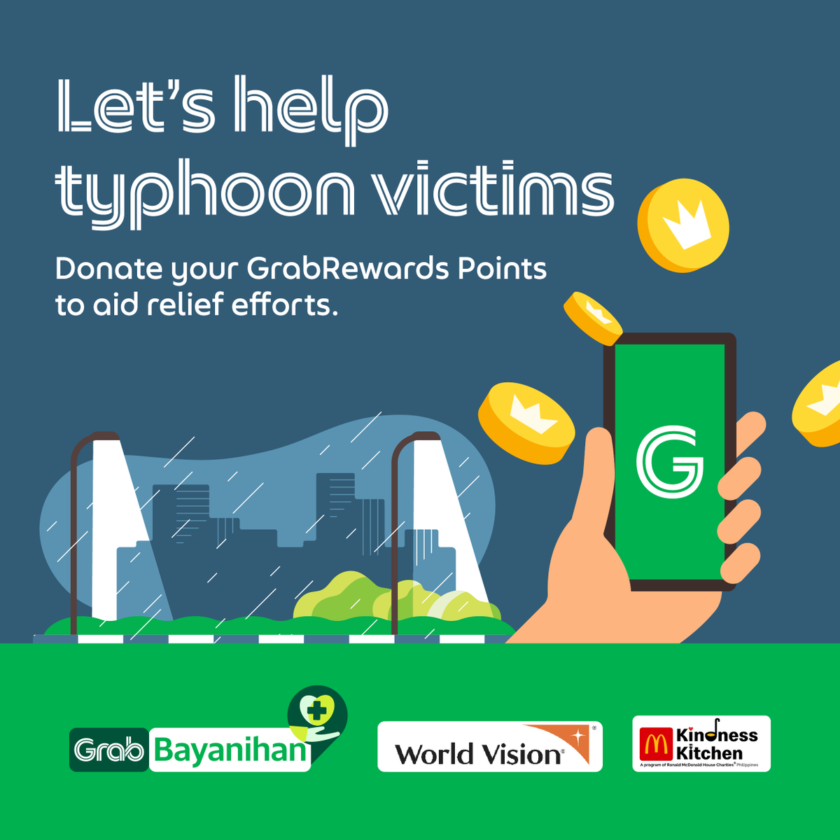 Turn your points into action. 💚

Help typhoon victims by donating your GrabRewards points. Every little donation goes a long way in providing relief and support. 🤝🏻 Grabayanihan na!