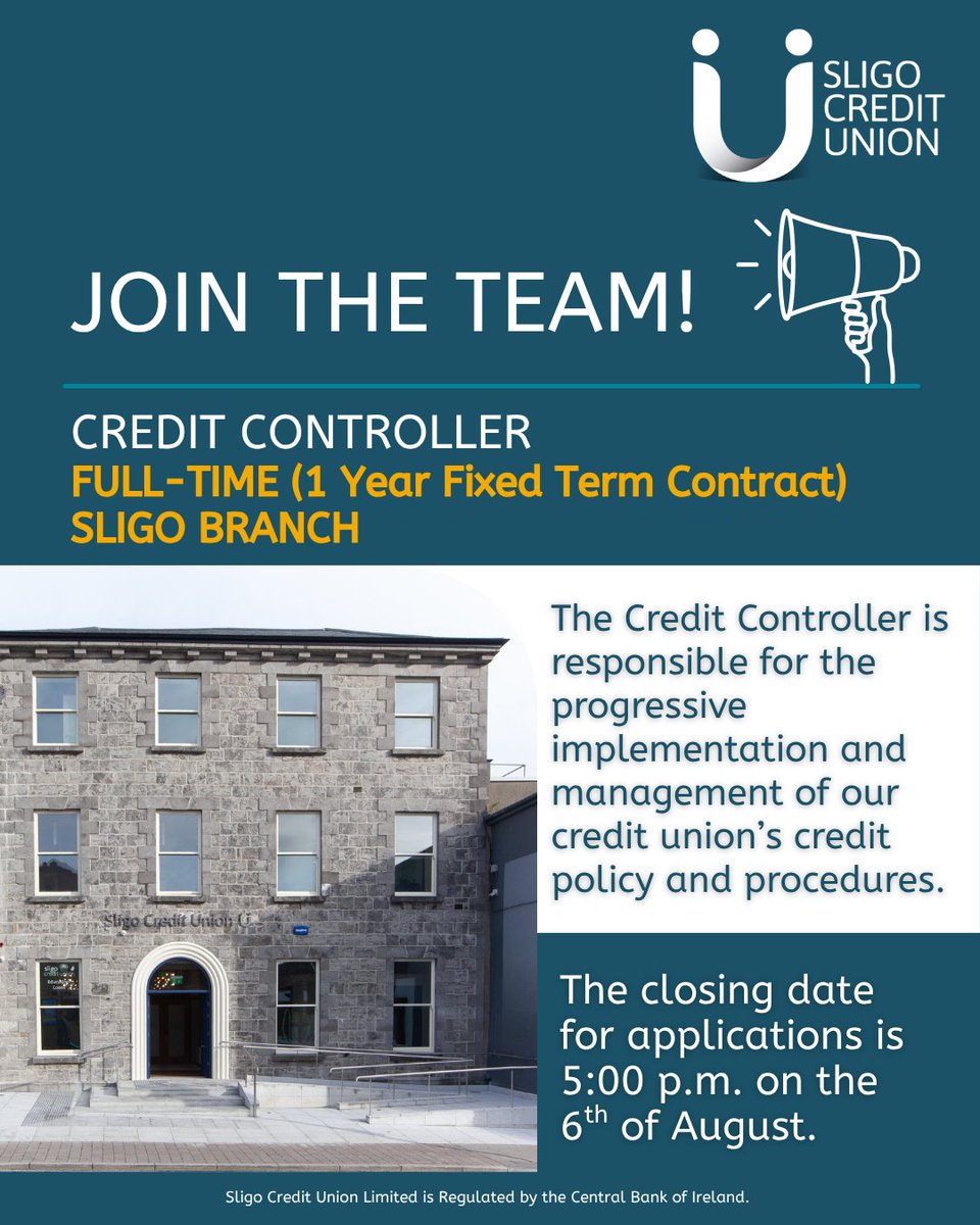 #JobFairy: Credit Controller Wanted! #SligoCreditUnion is now recruiting for the role of Credit Controller on a full-time, 1-year fixed-term contract. Based at our Sligo branch. Apply today &amp; join a team that values community &amp; integrity. See irishjobs.ie/job/Credit-Con…