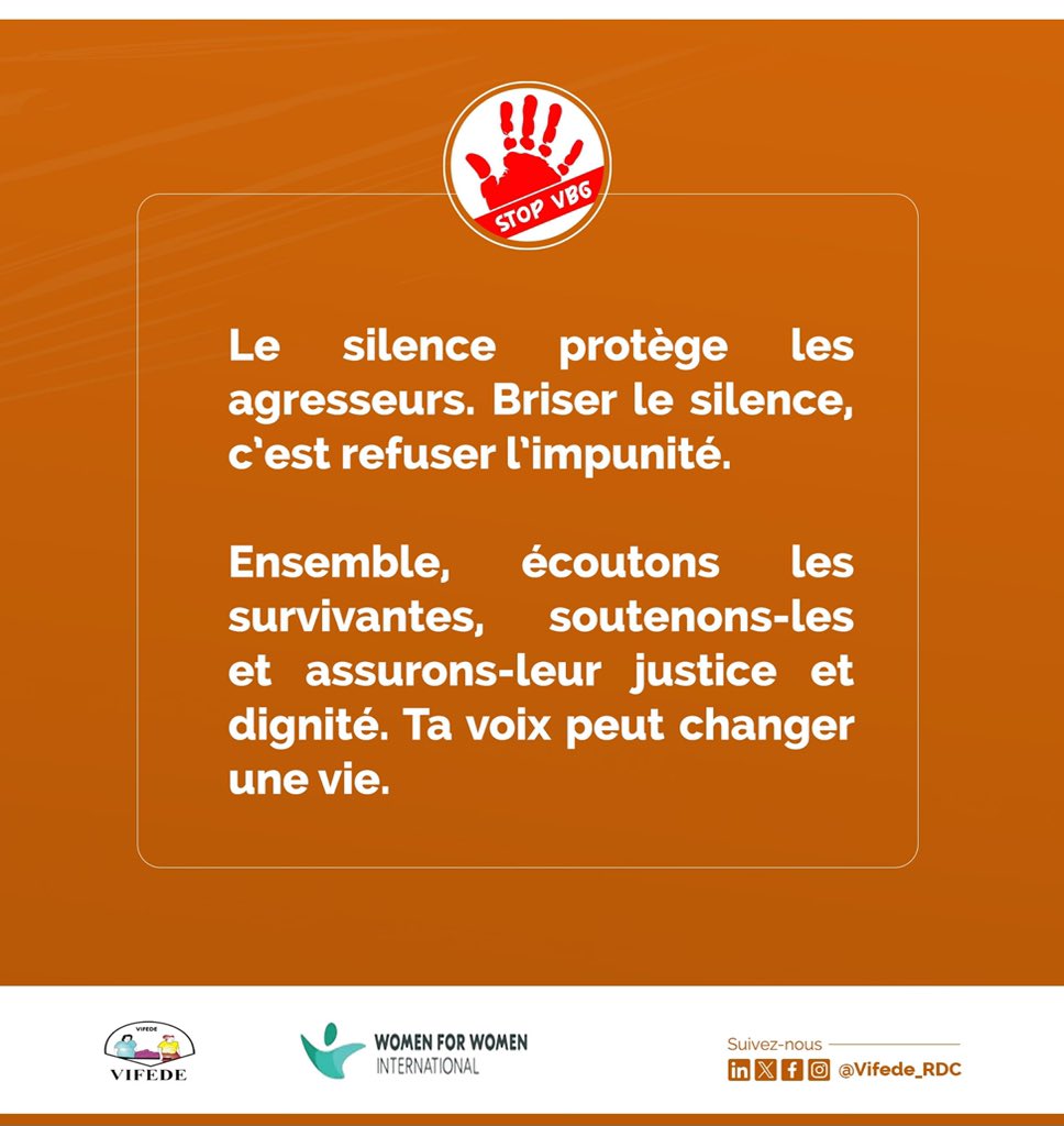 Le silence protège les
agresseurs. Briser le silence, c'est refuser l'impunité.
Ensemble, écoutons les
survivantes, soutenons-les
et assurons-leur justice et dignité. Ta voix peut changer une vie.

<a href="/WomenforWomen/">Women for Women Intl</a> <a href="/ONUFemmes/">ONU Femmes</a> 

#StopVBG #VIFEDE #Kirotshe