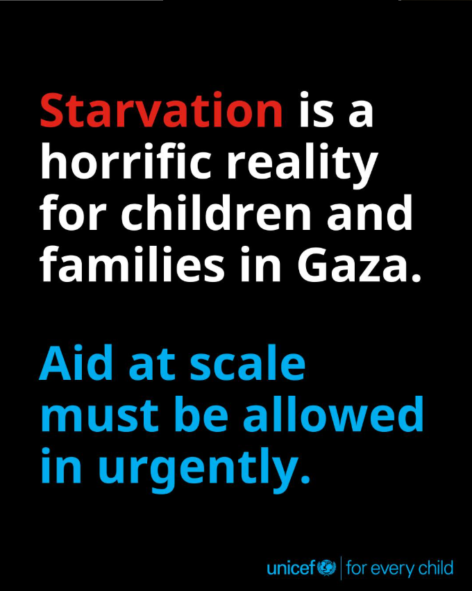 UNICEFmena's tweet image. 🔴 Hunger is widespread in Gaza and people are dying.
🔴 Deadly malnutrition among children is reaching catastrophic levels.
🔴 Food is dangerously scarce, and clean water is below emergency levels.
🔴 Aid is severely restricted and dangerous to access.
This is a man-made…