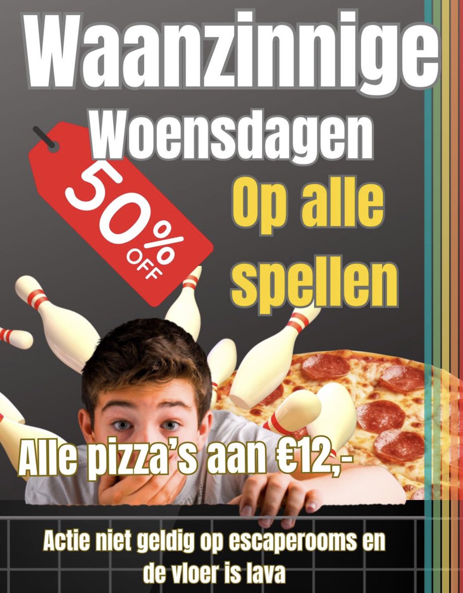 CaluwaertsJoery's tweet photo. Profiteer van de waanzinnige woensdagen bij Project 13 te Bornem… 50% korting op alle spellen EN alle pizza’s aan 12 euro #entertainment #Project13 #Bornem #wattedoen https://t.co/UcugzCnVdP