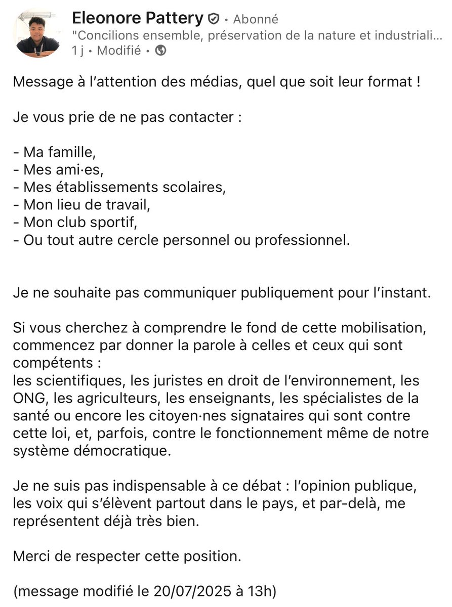 PaulLarrouturou's tweet image. 🐝 Éléonore Pattery,étudiante bordelaise et apprentie à la SNCF,initiatrice de la pétition contre la loi Duplomb signée par 1 615 284 personnes, affirme n’appartenir à aucun parti et demande sur Linkedin aux journalistes d’arrêter de la contacter.
#LoiDuplomb #Petition #Medias