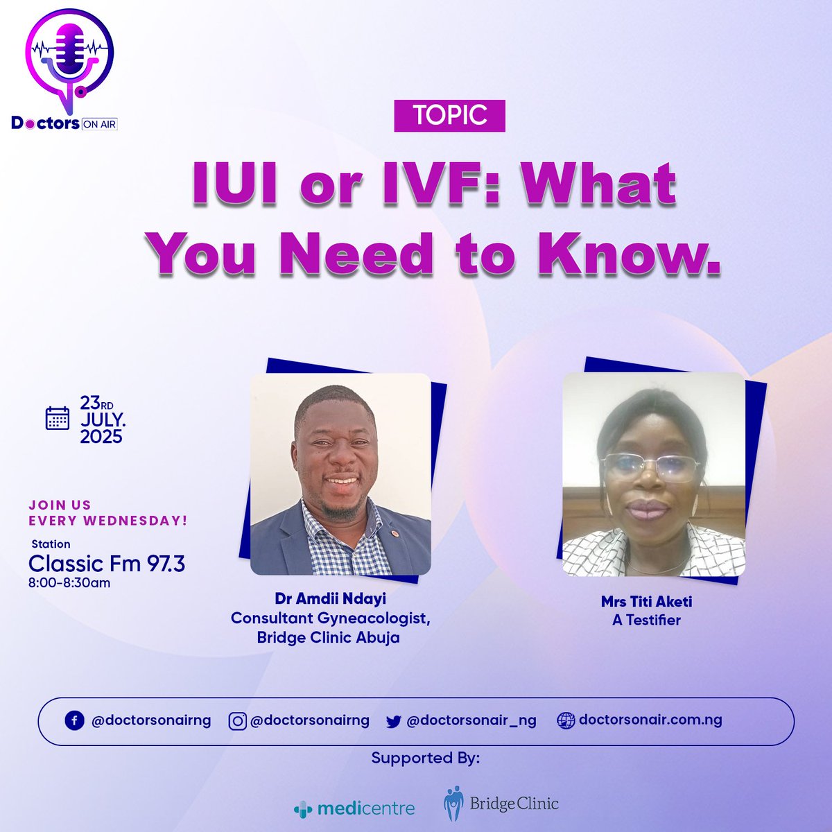 New Episode Alert!
Thinking abt fertility treatment but unsure where to start? Join us on Doctors on Air as we break down the differences btw IUI and IVF, who it's for, how it works, and what to expect. Knowledge is power, tune in and take the first step on your fertility journey