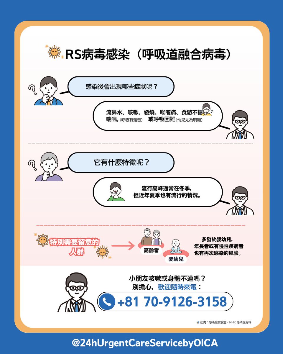 📢沖繩流行的感染症總整理🦠
新冠、流感、RS病毒重點一次看！
身體不適請聯絡24h Urgent Care Service by OICA!
📞 +81-70-9126-3158（24/365）
#沖繩旅行 #感染症對策 #緊急醫療 #24hUrgentCareServicebyOICA