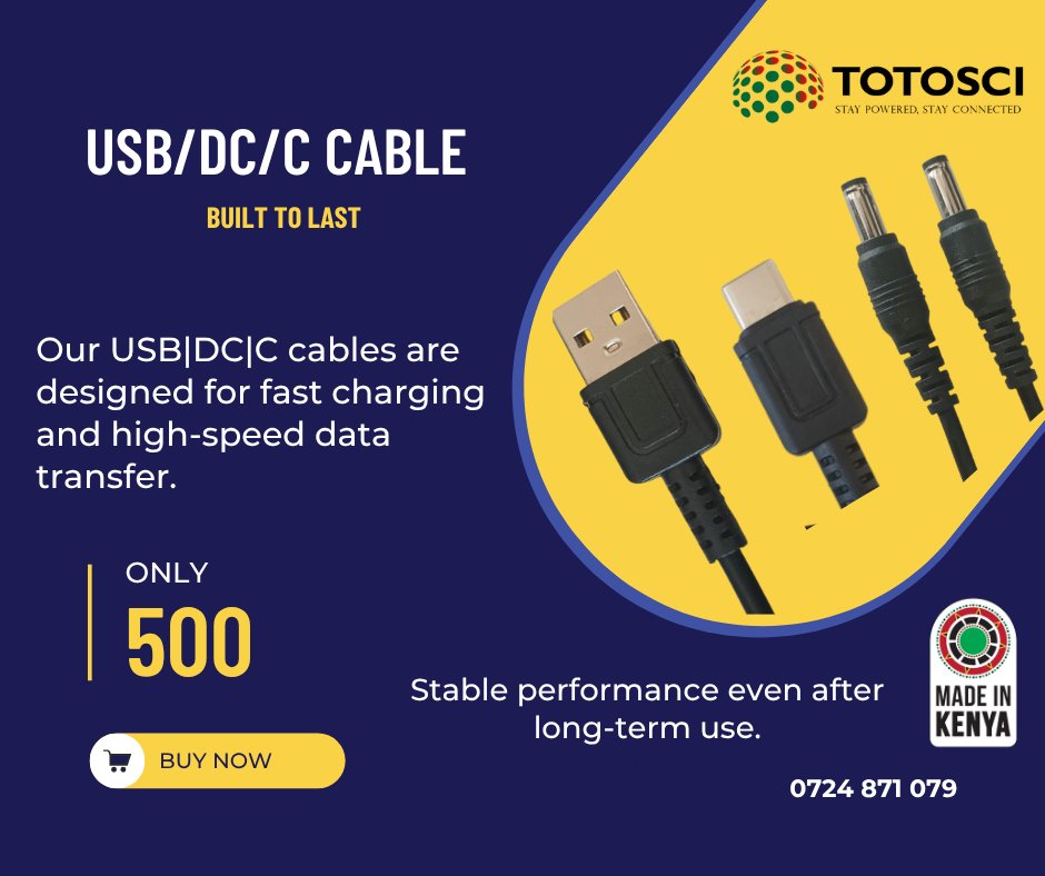 <a href="/TotosciHoldings/">TOTOSCI</a> fast charging USB cables are available for collection at your nearest <a href="/MasokoKe/">Masoko by Safaricom</a> pick-up point.

✅ Place your order 
✅ Choose your preferred Safaricom shop
✅ Collect with ease 

masoko.com/phones-accesso…

Stay Powered, Stay Connected with TOTOSCI