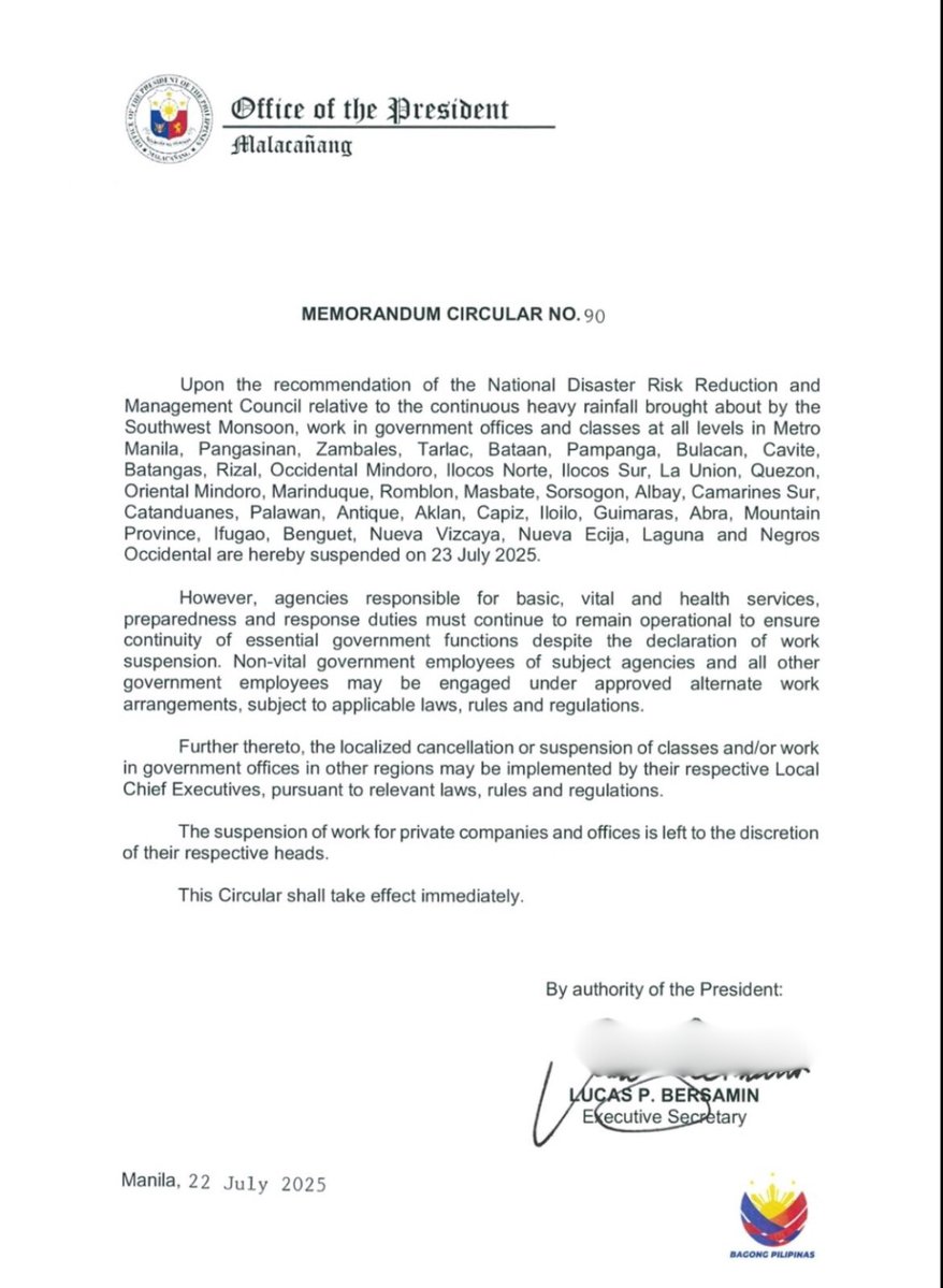 ABS-CBN News (@abscbnnews) on Twitter photo JUST IN: Malacañang suspends work in government offices and classes at all levels in Metro Manila and other provinces on Wednesday, July 23, due to continuous heavy rainfall brought about by the southwest monsoon. #WalangPasok #HabagatPH | via <a href="/pia_gutierrez/">Pia Gutierrez</a> JUST IN: Malacañang suspends work in government offices and classes at all levels in Metro Manila and other provinces on Wednesday, July 23, due to continuous heavy rainfall brought about by the southwest monsoon. #WalangPasok #HabagatPH | via <a href="/pia_gutierrez/">Pia Gutierrez</a>