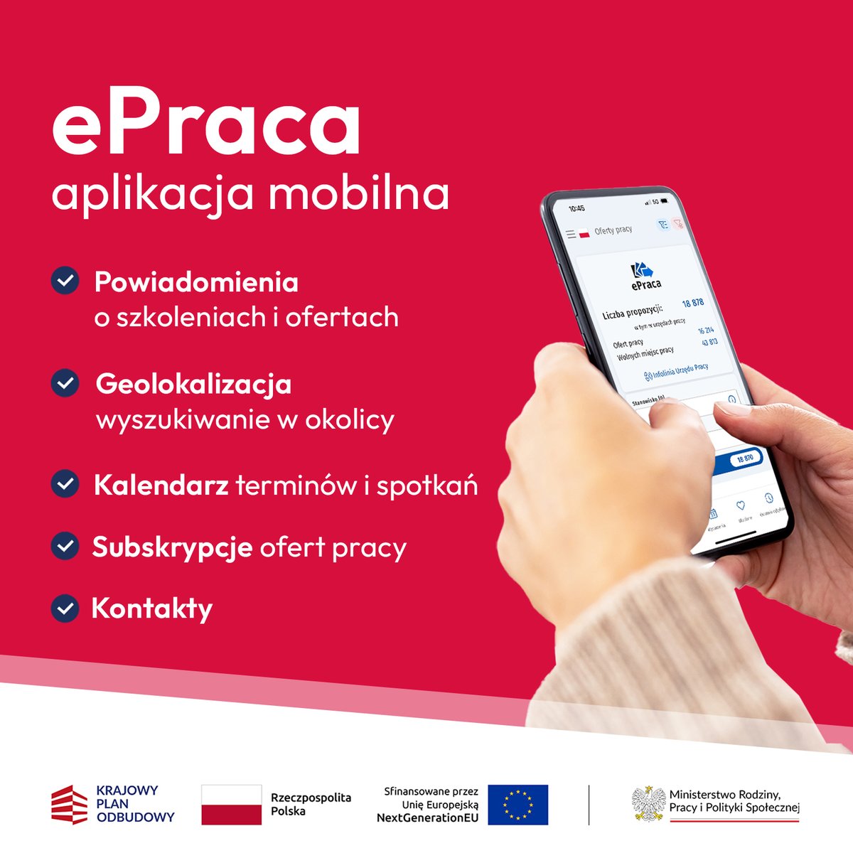 MRPiPS_GOV__PL's tweet image. 📲 Skorzystaj z aplikacji mobilnej #ePraca 👉 Zyskaj bezpłatny dostęp do gromadzonych przez
@MRPiPS_GOV__PL informacji o:
1⃣ tysiącach ofert pracy z całej Polski🇵🇱
2⃣ targach i giełdach pracy
3⃣ innych wydarzeniach organizowanych przez #UrzędyPracy
🔷 Nowoczesne funkcjonalności:…