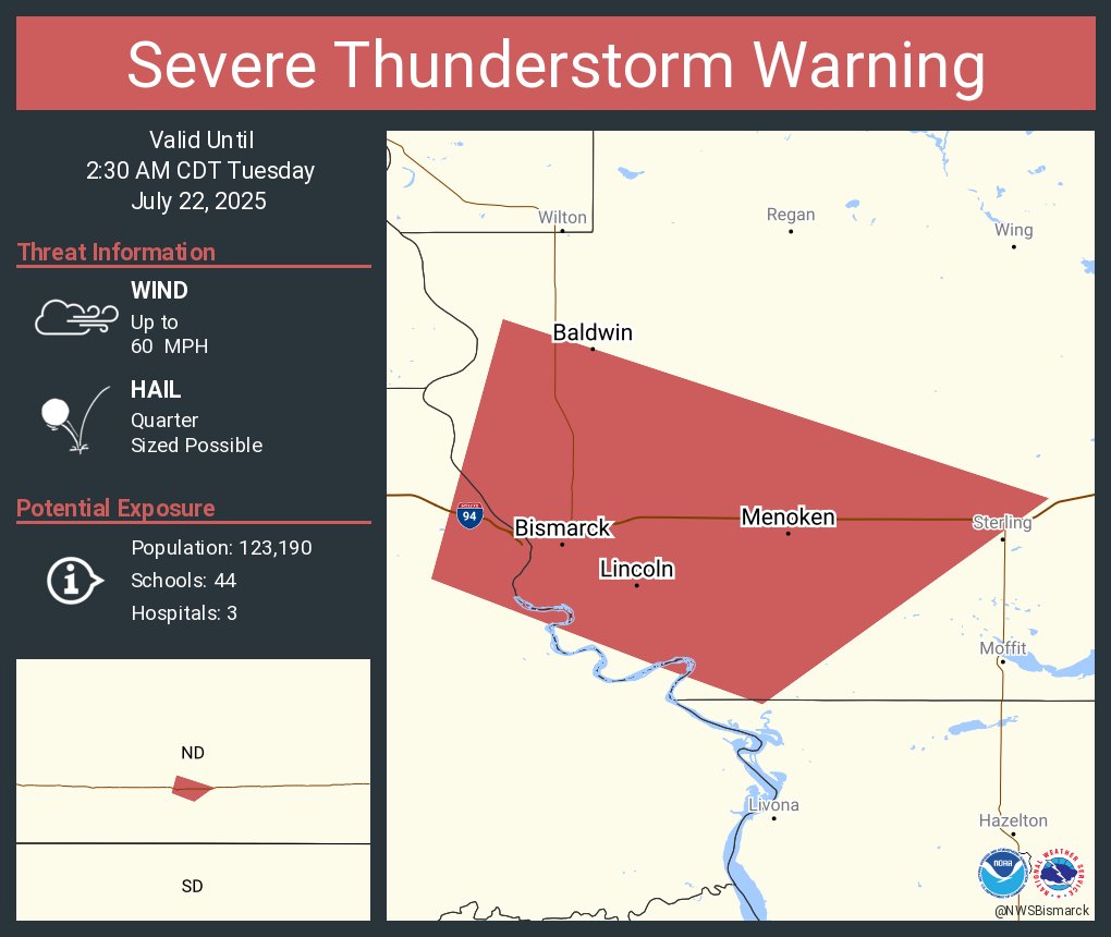 NWSBismarck's tweet image. Severe Thunderstorm Warning continues for Bismarck ND, Mandan ND and Lincoln ND until 2:30 AM CDT