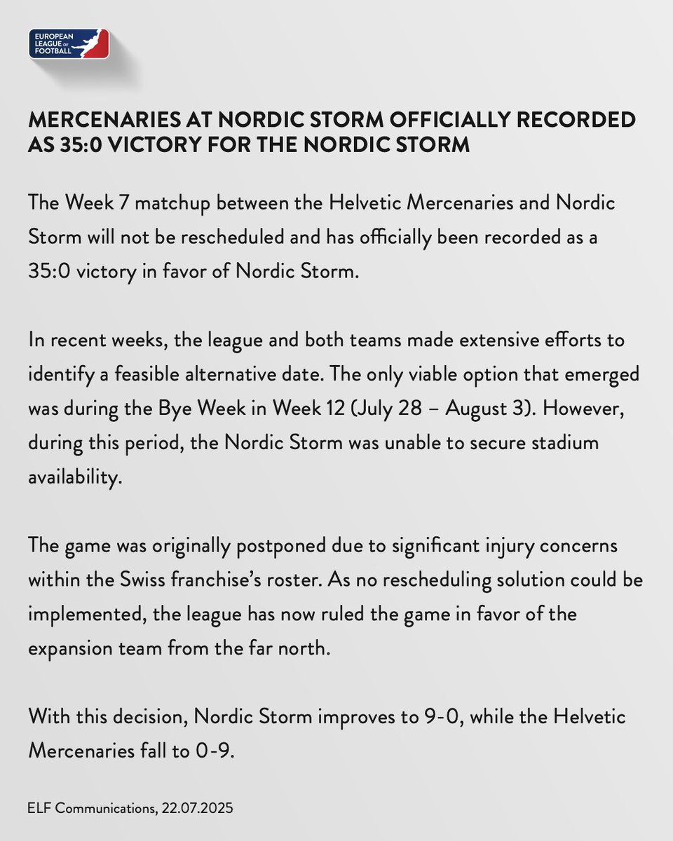 ELF_Official's tweet image. Mercenaries at Nordic Storm officially recorded as 35:0 victory for the Nordic Storm.
