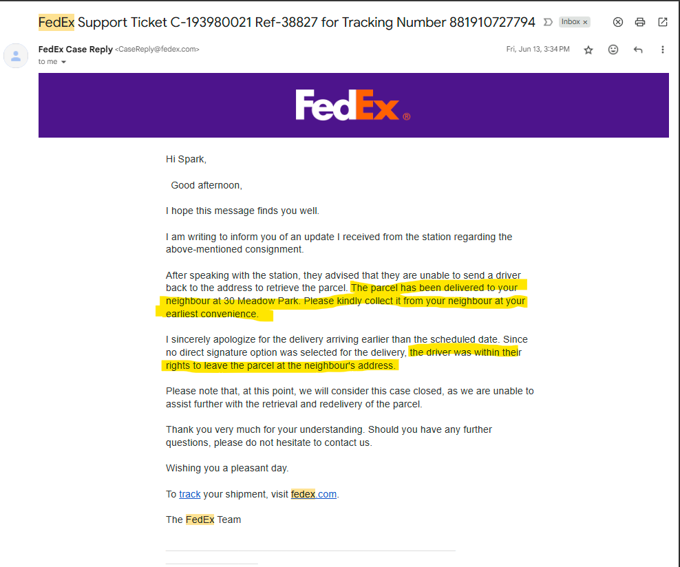 Sparkileptic's tweet photo. @FedExHelp This is the kind of emails I receive. FedEx guidelines clearly states:  If no one was available to accept a shipment, the driver will leave a ‘Missed Delivery Card’ with a QR code. 
Why were the boxes delivered to a different address and signed off by a complete stranger? https://t.co/p9ZJXk6jhN