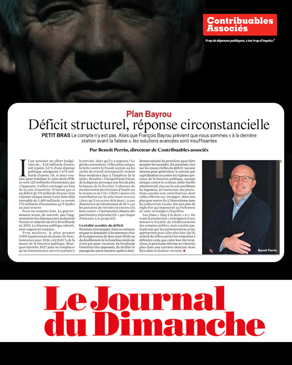 contribuables's tweet image. ❌ Pas assez d’économies de fond et hausse de la fiscalité pour tous.
🖊️Dans une tribune pour @leJDD, Benoît Perrin analyse l’insuffisance des propositions de François Bayrou.
@bperrincontrib