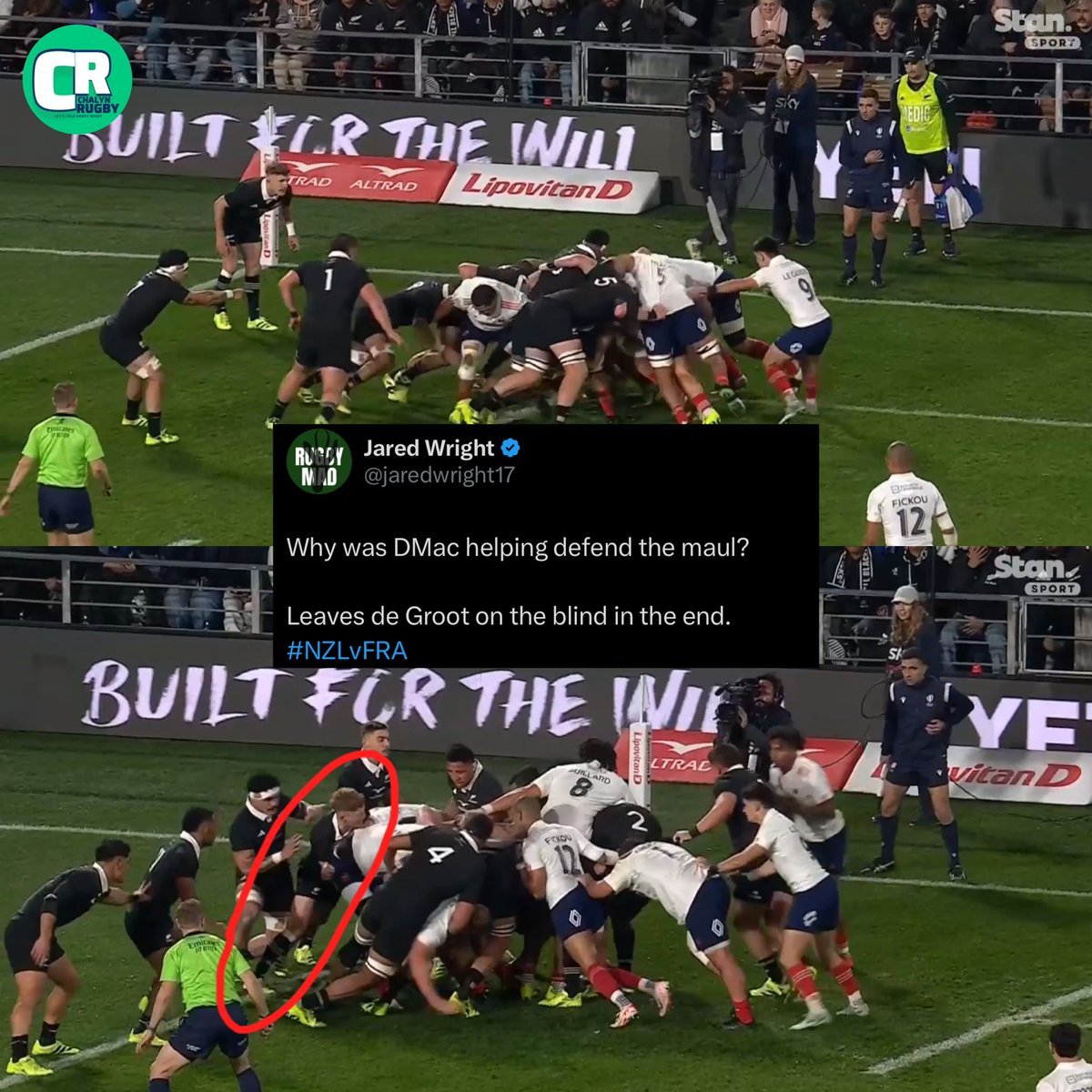 ChalynRugby's tweet image. Interesting spot by @jaredwright17 on France’s first try in the 3rd Test. What on earth is Damien McKenzie doing here? Or has he been instructed to do this ? Are all blacks trying to hide him in defence in close. 👀
#Allblacks #NZLFRA 🇳🇿