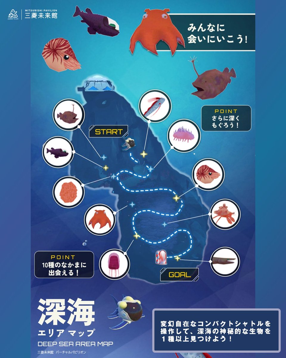 mitsubishiexpo's tweet image. “EXPO 2025 バーチャル万博 ~空飛ぶ夢洲~”
#三菱未来館 バーチャルパビリオン 楽しみ方ガイド②
◀◀◀ 深海ルームの楽しみ方 ▶▶▶
変幻自在なコンパクトシャトルを操作して
深海の神秘的な生物を1種以上見つけよう!🎮✨
コンパクトシャトルは
推進方向と上昇・下降を同時に操作できます…