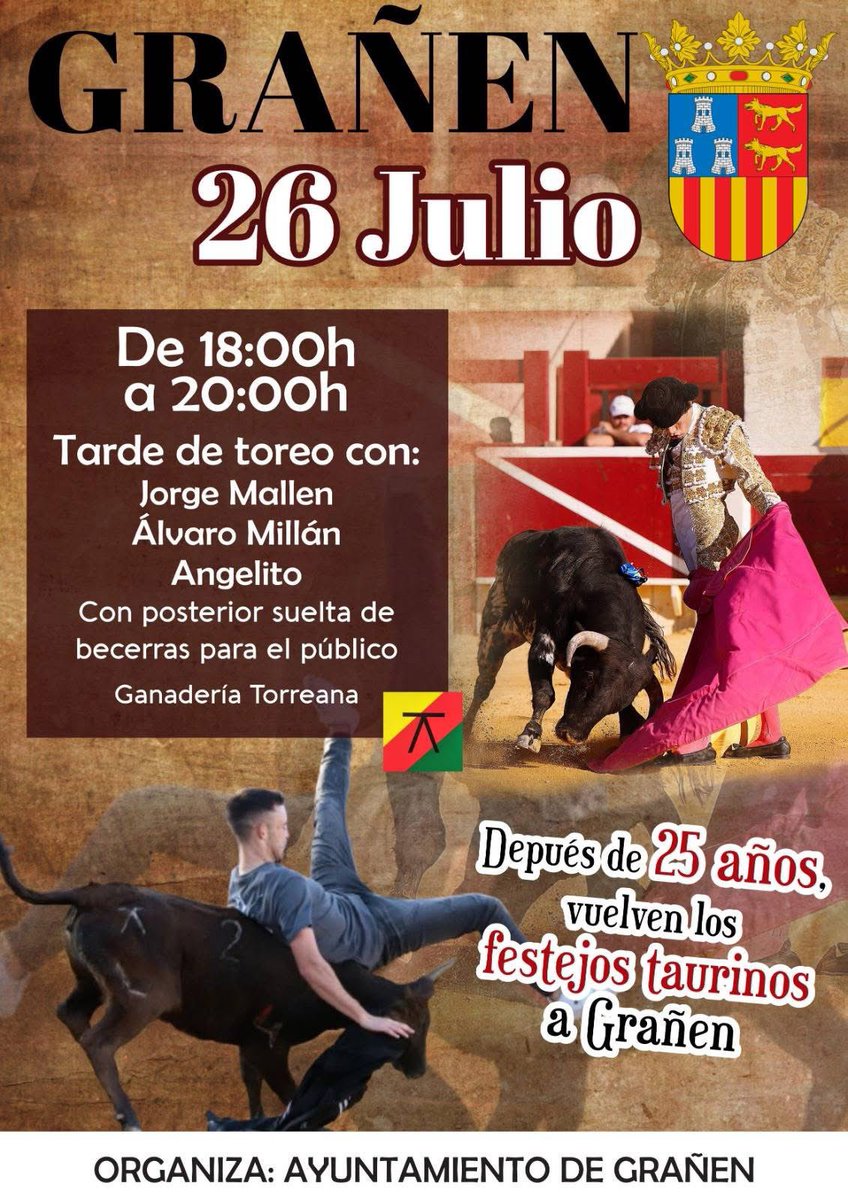 Muy feliz de anunciaros que este Sábado 26 de Julio torearé un novillo de la ganadería Torreana, en Grañén.
Quiero agradecer de corazón al Ayuntamiento de Grañen y a todas las personas que han hecho posible mi participación en este pueblo tan especial.
¡Nos vemos en la plaza!