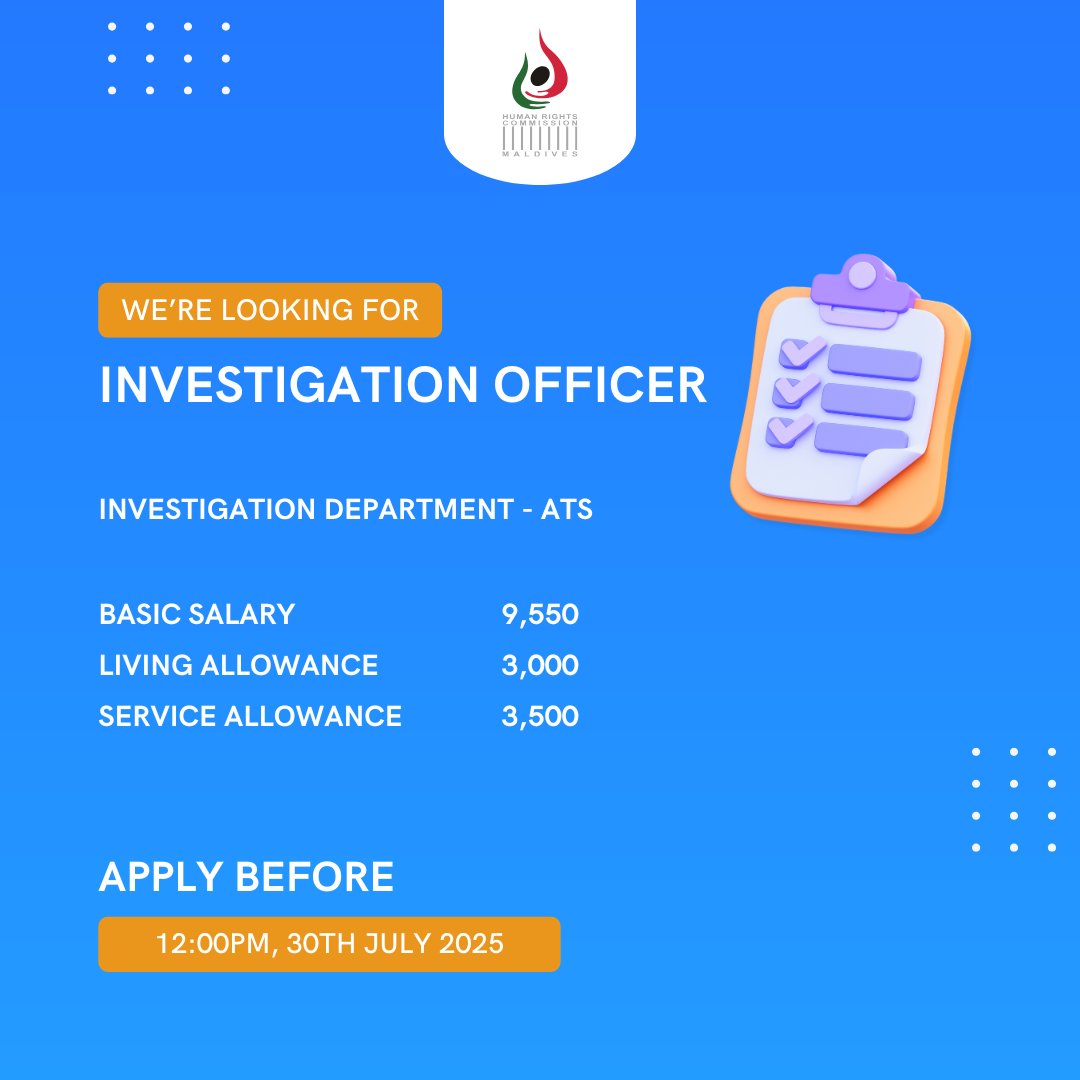 hrcmv's tweet image. Job Announcements:
Investigation Officer
HRCM website: dub.sh/gFpzqqE
Gazette: dub.sh/stFkjEm
Investigation Officer - ATS
HRCM website: dub.sh/OVyiCVN
Gazette: dub.sh/DAaR7ZR