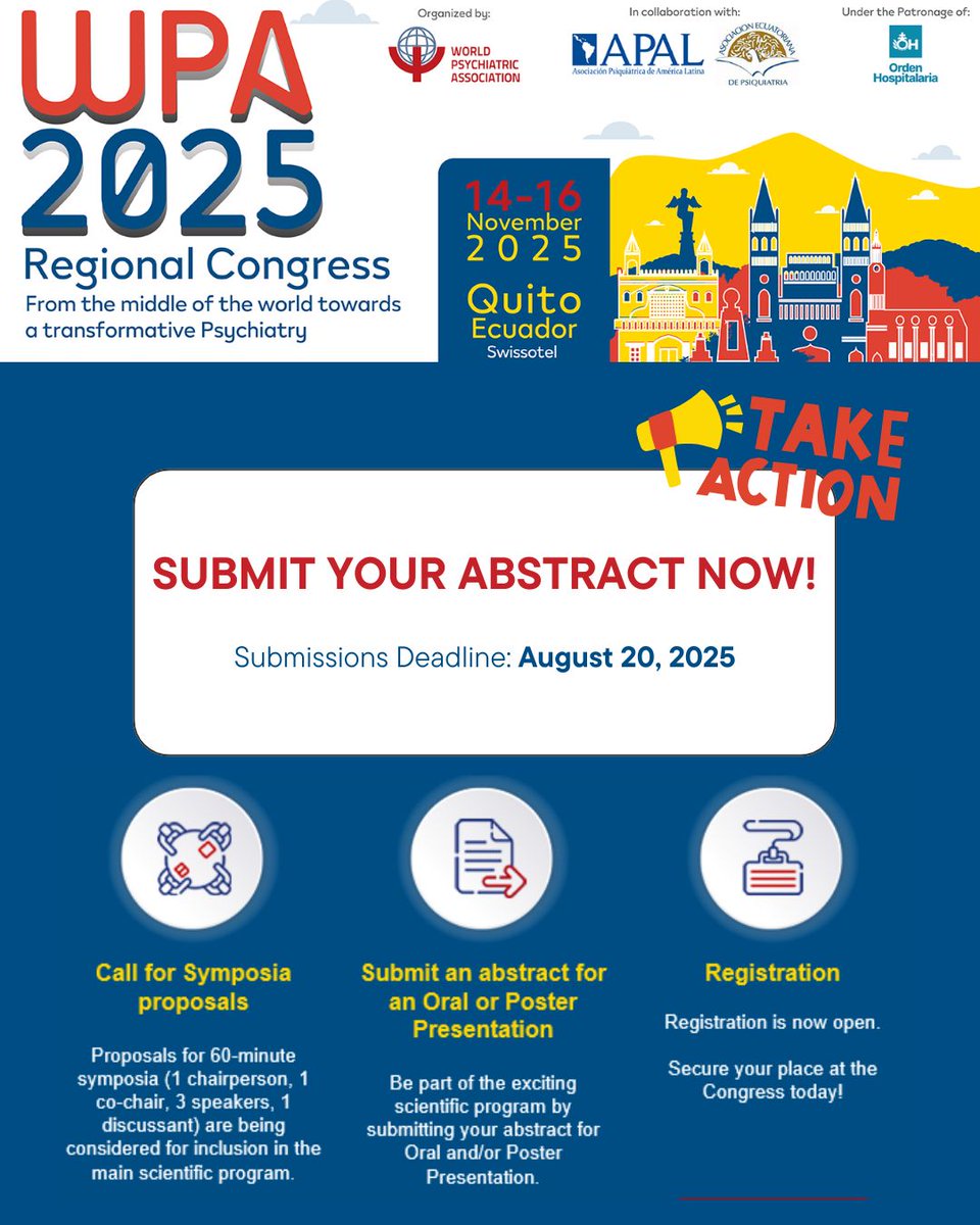 📢 Submit your abstract for #WPA2025!
Join us in Quito, Ecuador 🇪🇨 from Nov 14–16 for a transformative psychiatry congress.
🗓 Deadline: Aug 20, 2025
🔗 wparegional2025.org
#Psychiatry #MentalHealth #CallForAbstracts #GlobalHealth  
<a href="/Prof_TGSchulze/">Prof. Thomas G. Schulze 🎗INDEPENDENT Libertarian</a> <a href="/ecps_wpa/">WPA ECPs Section</a> <a href="/WPA_Psychiatry/">World Psychiatric Association (WPA) wpanet.org</a>