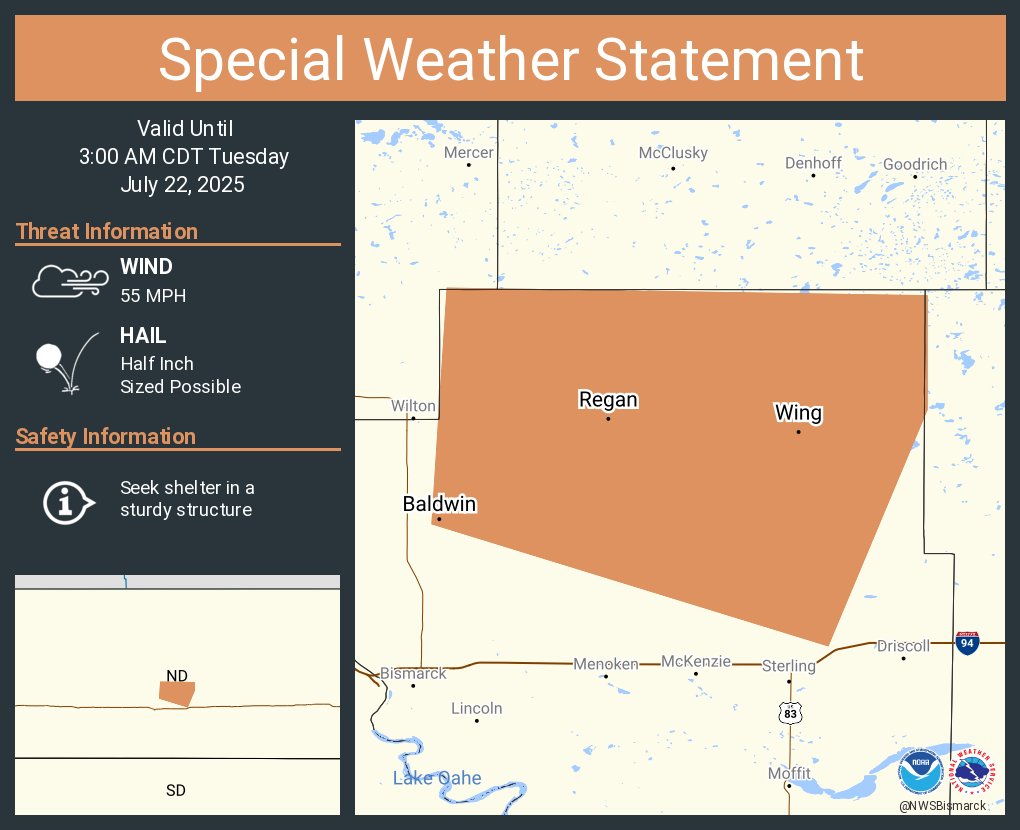 NWSBismarck's tweet image. A special weather statement has been issued for Wing ND, Regan ND and Baldwin ND until 3:00 AM CDT