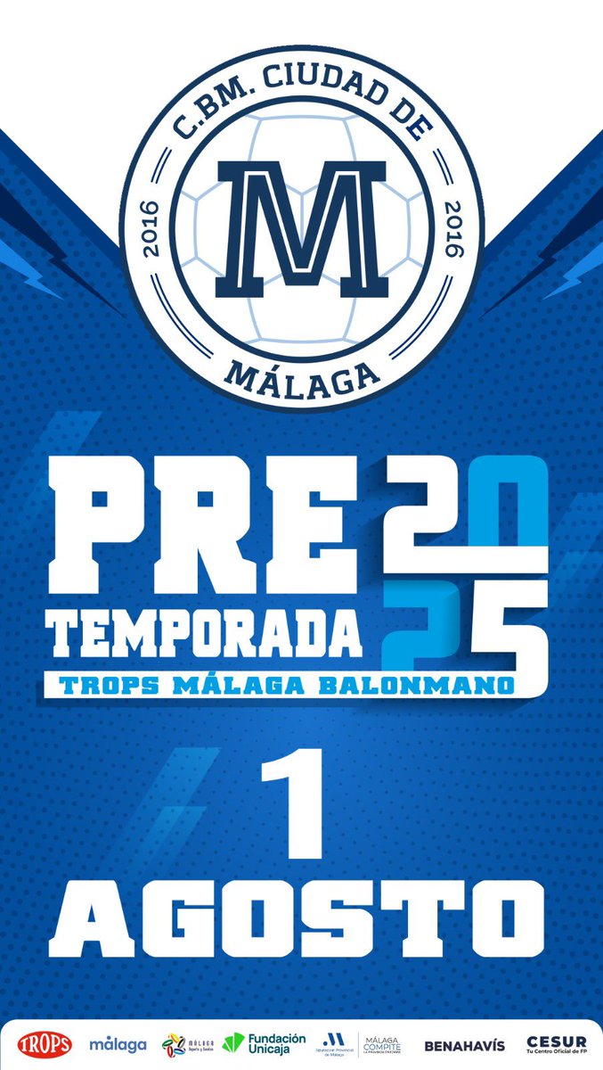 TROPS MÁLAGA BM. (@bmciudaddmalaga) on Twitter photo Faltan 🔟 días para que arranque la #Pretemporada2025.
🏋🏻 🤾♀️ 1 DE AGOSTO: ¡COMENZAMOS!
#AquíJugamosTodos
<a href="/fTROPS/">TROPS</a> <a href="/deportemalaga/">Área de Deporte</a>
<a href="/MalagaDyE/">MLG Deportes y Eventos</a>
<a href="/aytodebenahavis/">AytodeBenahavís</a> <a href="/diputacionMLG/">Diputación de Málaga</a> <a href="/DeportesDipMlg/">Diputación de Málaga es Deporte</a>
<a href="/FundUnicaja/">Fundación Unicaja</a>
<a href="/DeporteAND/">Andalucía es Deporte</a> <a href="/cesurformacion/">CESUR. Tu Centro Oficial de Formación Profesional</a> Faltan 🔟 días para que arranque la #Pretemporada2025.
🏋🏻 🤾♀️ 1 DE AGOSTO: ¡COMENZAMOS!
#AquíJugamosTodos
<a href="/fTROPS/">TROPS</a> <a href="/deportemalaga/">Área de Deporte</a>
<a href="/MalagaDyE/">MLG Deportes y Eventos</a>
<a href="/aytodebenahavis/">AytodeBenahavís</a> <a href="/diputacionMLG/">Diputación de Málaga</a> <a href="/DeportesDipMlg/">Diputación de Málaga es Deporte</a>
<a href="/FundUnicaja/">Fundación Unicaja</a>
<a href="/DeporteAND/">Andalucía es Deporte</a> <a href="/cesurformacion/">CESUR. Tu Centro Oficial de Formación Profesional</a>