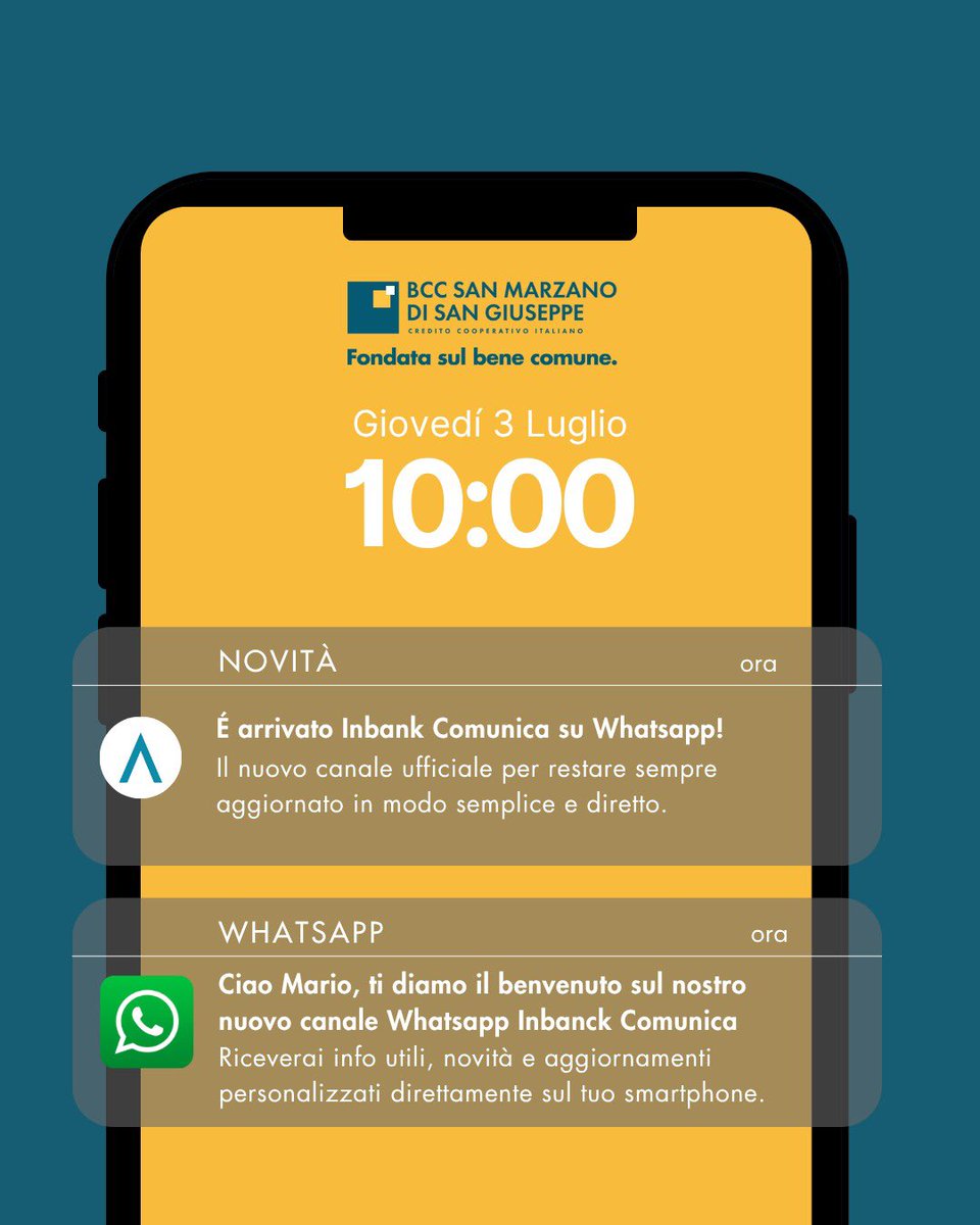 ✨Il Canale WhatsApp di Inbank è finalmente attivo!
✅ Restare in contatto con la tua banca non è mai stato così semplice!
#BCCSanMarzano #CreditoCooperativoItaliano #fondatasulbenecomune #InBank #Whatsapp