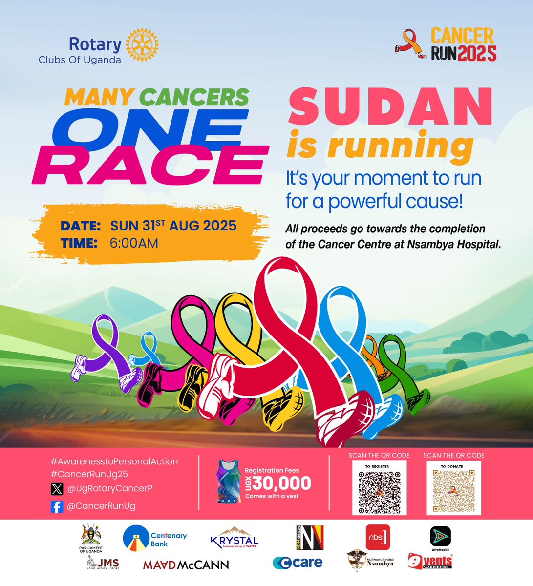 UgRotaryCancerP's tweet image. ๐ our Sudan family.
๐
Calling all runners and walkers! Itโs time to rally together for the #CancerRunUg25 on 31st August 2025
Join the Sudanese as we raise funds to bring us closer to the completion of the one stop cancer centre at @NsambyaHospital
Register now usingโฆ