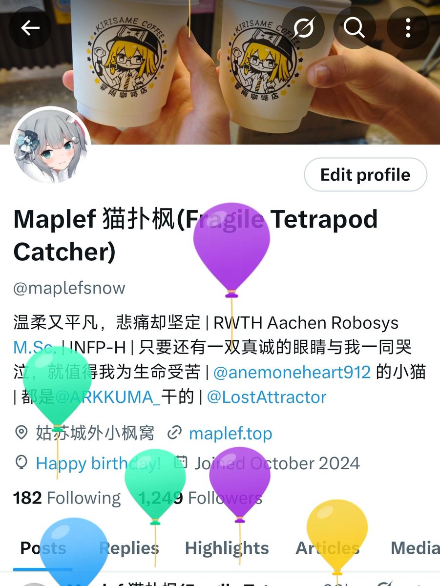 Maplef 猫扑枫 (@maplefsnow) on Twitter photo 今天是猫师傅的生日!欢迎大家来主页戳气球🎈
猫师傅希望自己在新的一岁可以摆脱抑郁和病痛,做一只每天都开开心心的猫,并努力给身边的人带来快乐
猫师傅也祝刷到这条的你开心,我们终将在满是光明的地方再次相见 今天是猫师傅的生日!欢迎大家来主页戳气球🎈
猫师傅希望自己在新的一岁可以摆脱抑郁和病痛,做一只每天都开开心心的猫,并努力给身边的人带来快乐
猫师傅也祝刷到这条的你开心,我们终将在满是光明的地方再次相见