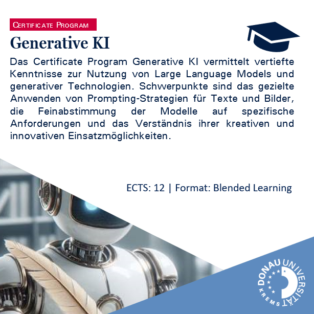 🚀 KI ist mehr als ein Hype: Sie transformiert Branchen, beschleunigt Innovationen und schafft Raum für neue Ideen. Unsere Certificate Programs bieten Ihnen das nötige Know-how – praxisnah, kompakt und zukunftsorientiert.
🔗 donau-uni.ac.at/ki-egov

#KI #Weiterbildung #Innovation