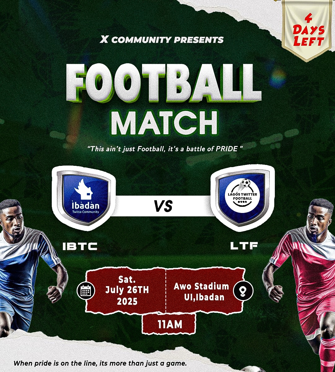 lagosX_FC's tweet photo. 4 days to go, tension don dey rise small small.
Our boots are ready. Our boys are locked in.
Ibadan, donโt leave your defense on slack
Weโre coming.
#Day4 #CountdownToKickoff #LagosStandard https://t.co/hAilvzUFIc