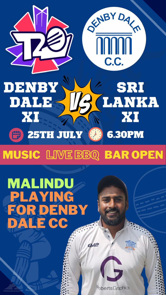 🚨T20 GAME🚨

It’s back! The much anticipated Denby Dale XI VS Sri Lanka XI is back on the 25th July 🗓️

Head on down to Denby Dale CC to watch what will be an action packed match which will entertain all the family!

The bars open! The BBQ lit! and live music too!

#DDCC