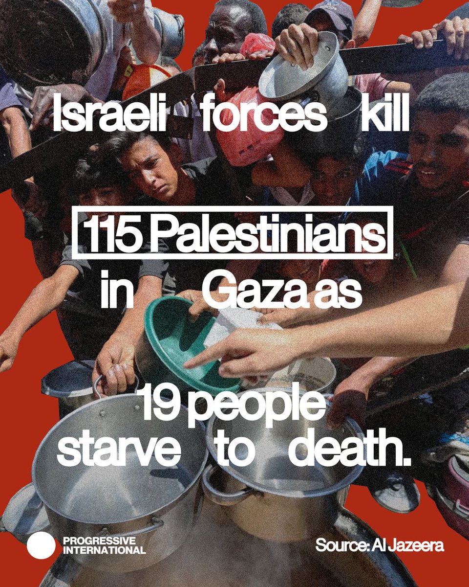 ProgIntl's tweet image. On Sunday, Israeli forces killed 115 Palestinians in Gaza as 19 people starved to death.